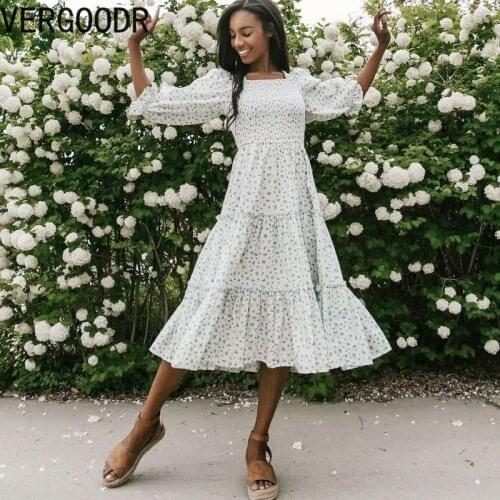 Swing Dress Summer 2021 Bohemian Cotton Flounced Edge Lantern Sleeve Square Collar Bandage Printing Beach Party Beach Dress
