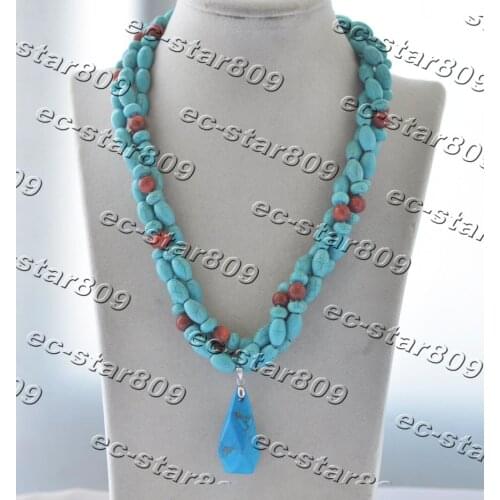 Z11286 3Row 20" 12mm Blue Rice Turquoise Red Coral Necklace Pendant Women Fashion Jewelry