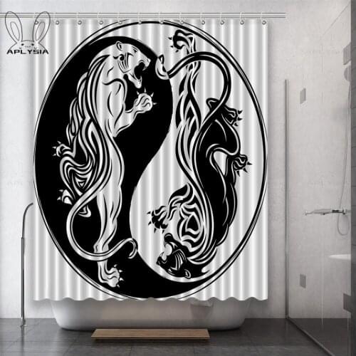 Yin-Yang Taiji Lion Lotus Flower Cloud Gules Sun and Moon Polyester Fabric Shower Curtain for Bathroom