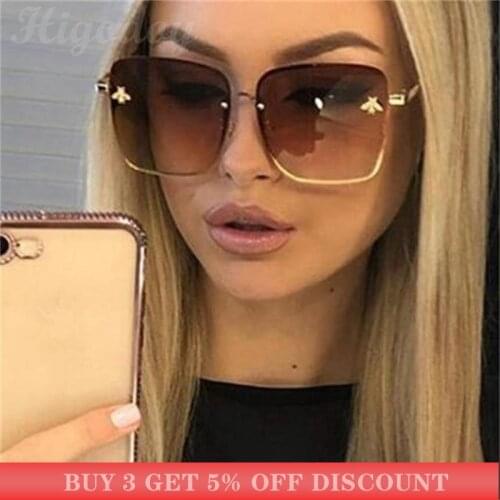 Higodoy Metal Oversize Rimless Sunglasses Women Colorful Bee Ladies Vintage Luxury Retro Square Sun Glasses Gafas UV400