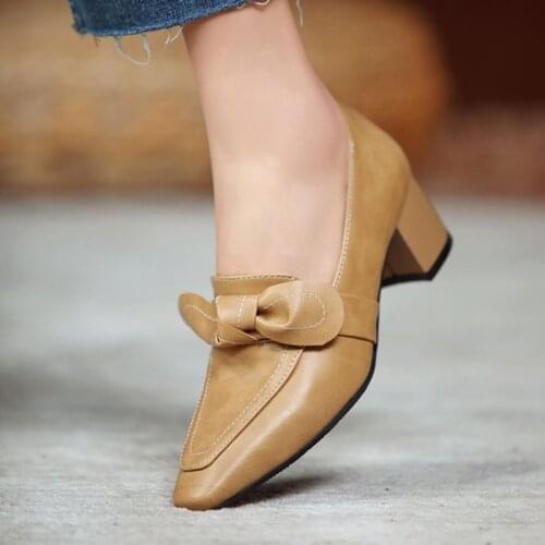 2021 Spring Summer New Sweet Bow Comfortable Medium Heel Thick Heel Small Square Head Professional Ol Work Shoes Woman Heels