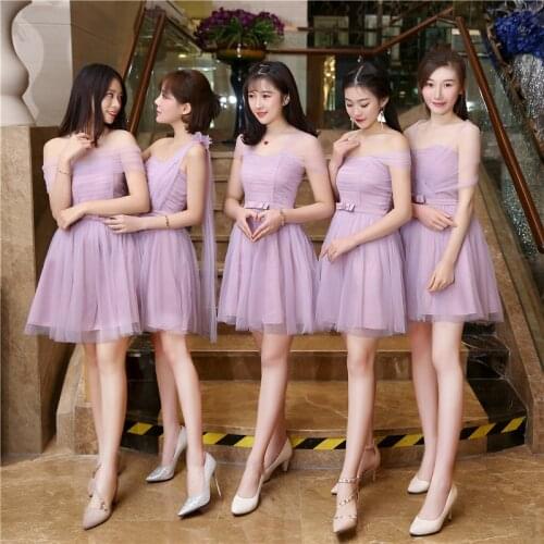 2021 Summer Women Purple Champagne Bean Paste Color Sleeveless Wedding Floral Mesh Slim Vantage Bridesmaid Dresses 2537