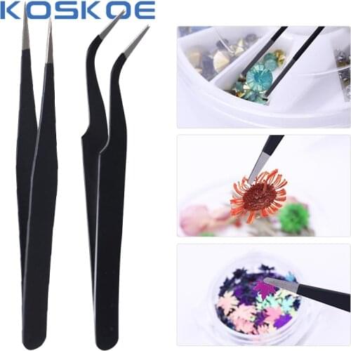 1 Pc Stainless Steel Nail Tweezers Straight Curved Angle Head Rhinestone 3D Sticker Curved Tweezers Professional Makeup Tools