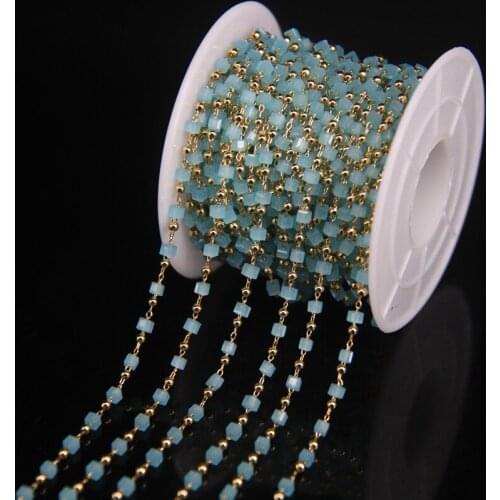 2.5mm sky Blue Square Glass bead&Copper beads Plating gold Chain, Findings Wrapped Rosary Chain Crafts Bracelet Necklace