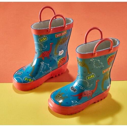 Toddler Kids Rain Boots Childrens Waterproof Rubber Shoes with Easy-On Handles Lightweight in Cartoon Patterns for Boys & Girls