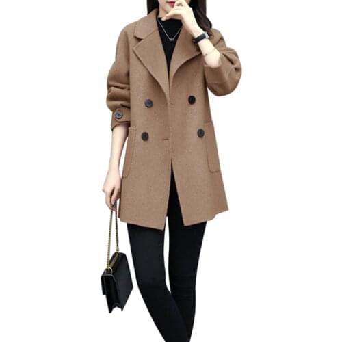 Double Preasted Womens Jacket Ladies Woolen Coat Spring Autumn Mid-Long Blended Woolen Coats Korean Cocoon Female Wool Outwear