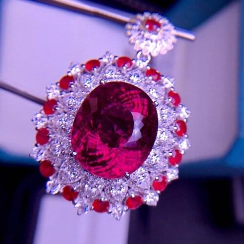 E413 Tourmaline Pendant Fine Jewelry Real 18 K Gold 100% Natural Red Tourmaline 18.2ct Gemstones Diamond Pendant Necklace