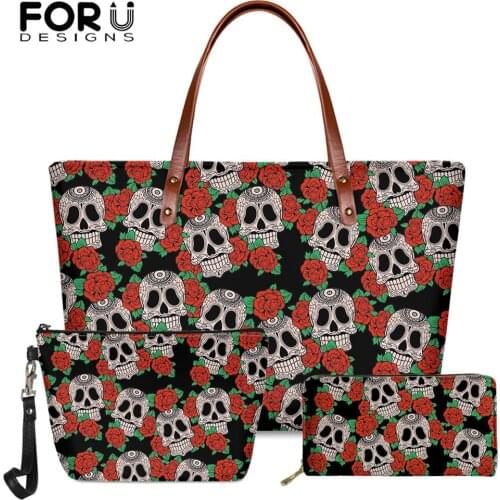 FORUDESIGNS Vintage Gothic Sugar Skull Prining Casual Shoulder Handbags for Woman Large Beach Bag Luxury Party Pochette Femme