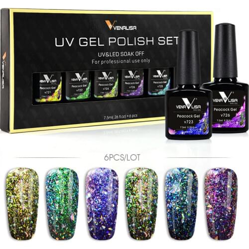 Venalisa 6 Color 7.5ml Nail Art Design UV LED Shining Sequins Peacock Glitter Starry Nail Polish Gel Lacquer Varnishes Gel Kits