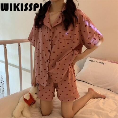 Summer Simplicity Retro Love Pajama Girl Cardigan Short Sleeve Shorts PAJAMAS Home Suit Two Piece Set Summer Kawaii Pajama