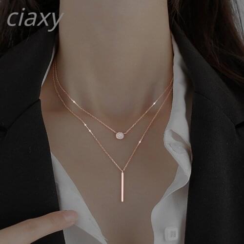 CIAXY 925 Sterling Silver Square Round Shiny Zircon Necklace for Women Dainty Double Clavicle Chain Necklace Geometry Jewelry