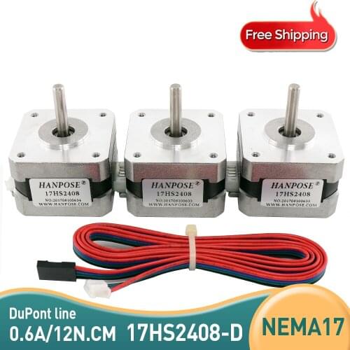 Free Shipping 3pcs Nema 17 Stepper Motor 17HS2408 4-lead 42 motor 42BYGH 0.6A with DuPont line for 3D printer accessories