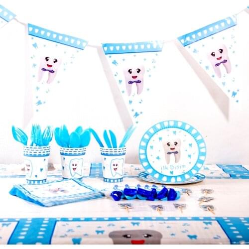 Blue Boy Pink Girl First Tooth Party Decoration Tableware Paper Cup Plate Baby Shower Gender Reveal Kids Birthday Party Supplies