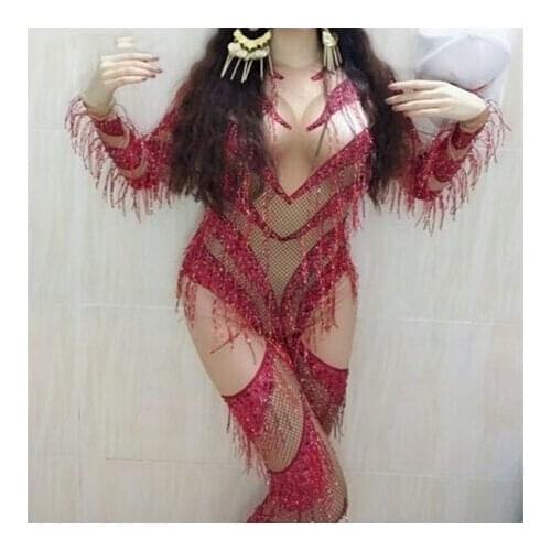 Bright stone leotard bodysuit Red Tassels Zentai Crystals Diamond jumpsuit rompers Club Bar Halloween singer stage DS costumes