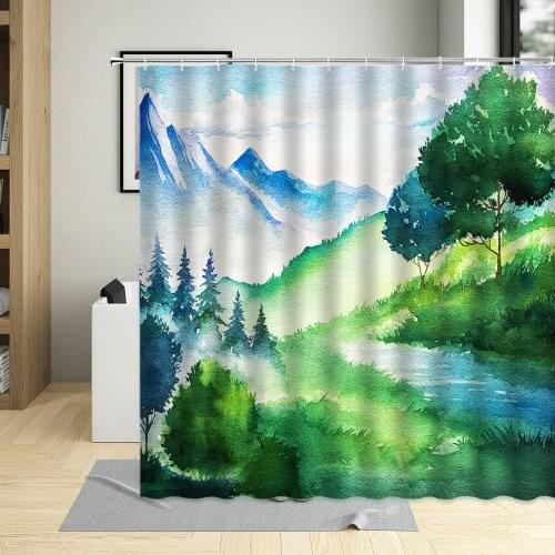 Spring Natural Landscape Shower Curtain Water Color Oil Painting Rural Green Tree Bathroom Decorative Cloth With Hook Washabl