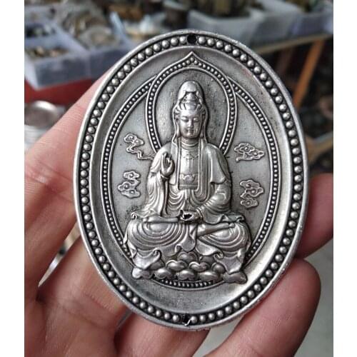 Vintage White Copper Carved Guanyin Avalokitesvara Pendant Bodhisattva Amulet Lucky apotropaion
