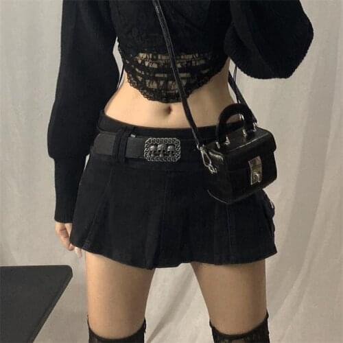 Pastel Goth Low Waist Black Micro Skirts Y2K Streetwear Pockets Patchwork A-line Skirt E-girl Aesthetics Outfits Zipper