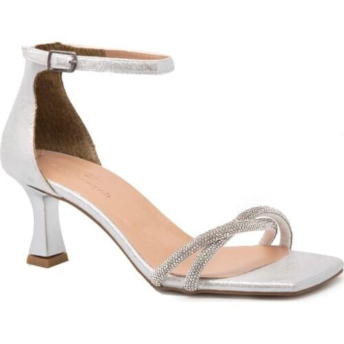 Gedikpasalı 2545 Silver 2021 Summer Season Women Sandals Evening Party Dress Wedding Heels Single Band Stone Accessorized Pumps Style