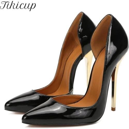 Tikicup Unisex Crossdresser D'Orsay Style 13cm High Heel Pumps Sexy Women Pointy Toe Patent Stilettos Shoes Plus Size 40-48