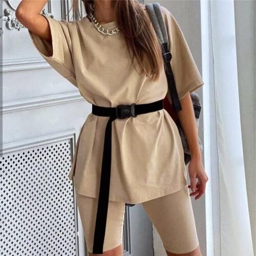 2020 New Casual Solid Womens Two Piece Suit with Belt Solid Color Home Loose Sports Fashion Leisure Suit Summer Clothing