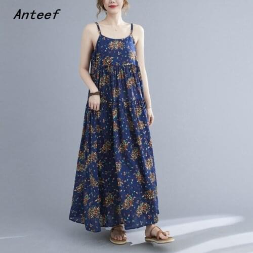 Anteef sleeveless strap cotton vintage floral dresses for women casual loose long woman summer dress elegant clothes 2021