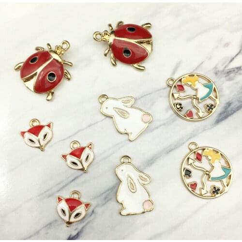 10pcs DIY handmade Material metal enamel Rabbit Fox Alice Girl charms gold bracelet pendants for necklace earring jewelry making