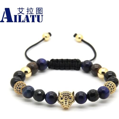 Ailatu 8mm Blue Tiger Eye Stone Beads with Micro Paved Blue Zircons Macrame Leopard Bracelets Animal Shape