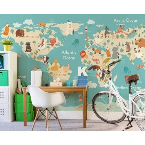 Bacaz 3d Cartoon Forest animal Wall Photo Mural for Kids Baby Room Kindergarten 3d wall Mural World Map Wallpaper Mural Decor
