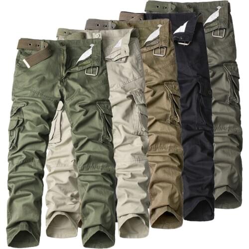 2021Men Outdoor Tactical Cargo Straight Pants Wear-resistant Loose Solid Color Casual Multi-pocket Pure Cotton Tactical Trousers