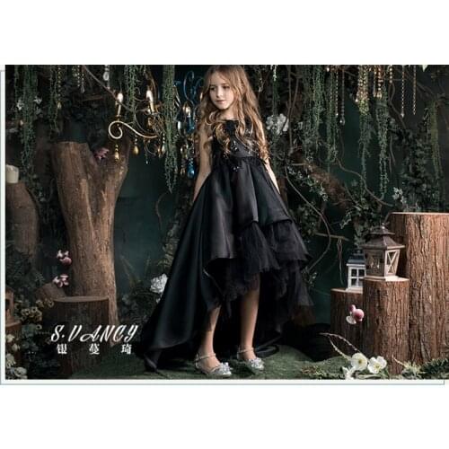 Caustom made black front short back long train ball gown dress children girls party dress