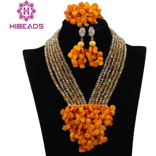Exclusive Mustard Yellow Nigerian Coral African Beads Jewelry Set Luxury Gold Women Bridal Coral Jewelry Set CNR404