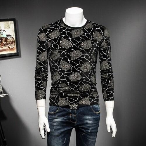 New Luxury Floral Print Men Royal Decent T Shirt For Male Velvet Slim Fit Long Sleeve Fashion Pattern Round Neck Club Outfit