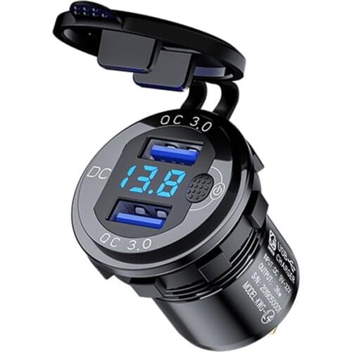 Jtron dual dual usb socket QC3.0 aluminium alloy material DC12-24V waterproof cover LED digital volmeter with switch