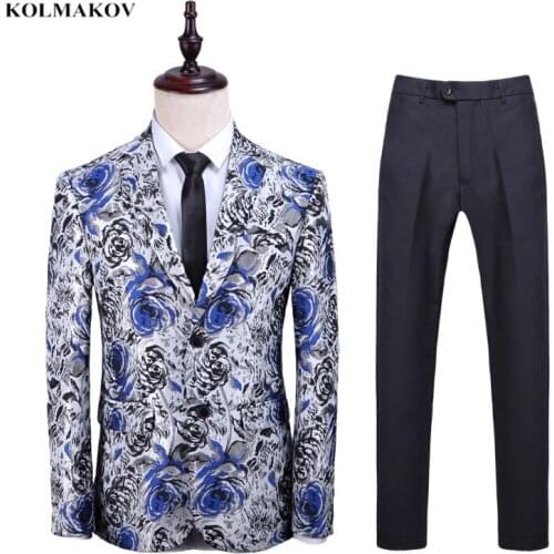 Jacket +Pants) 2019 autumn new High quality Men fashion casual business suits Mens printing flower suits wedding dress suit