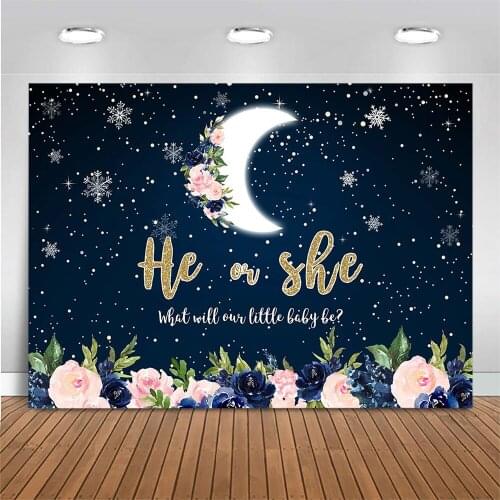 Mocsicka He or She Baby Shower Backdrop Photography Newborn Gender Reveal Party Photo Background Photocall Flower Moon Snowflake