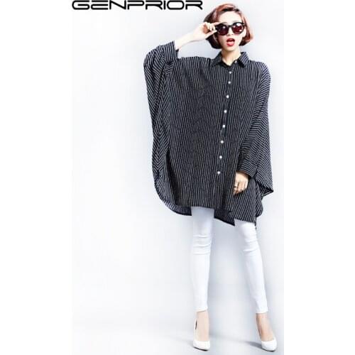 GENPRIOR New Women Casual Loose Blouses Plus Size Summer Lady Elegant Knee-Length Female Bat Sleeve button Thin Stripe Shirt