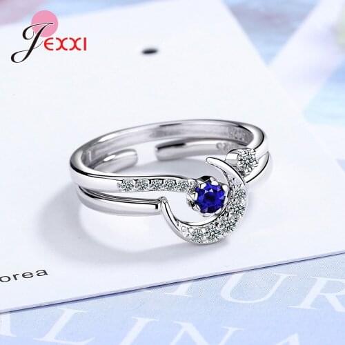New Fashion Crytal Ring Moon & Star Dazzling Open Finger Rings for Couples 925 Sterling Silver Wedding Engagement Jewelry Gift