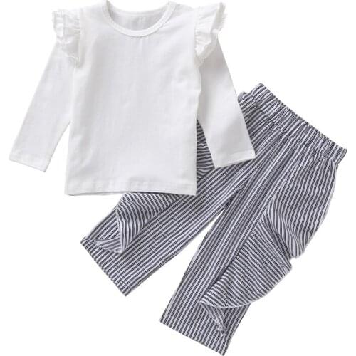 Toddler Baby Girl Clothes Long Sleeve Solid Print Blouse Tops Stripe Pants Trousers Casual Outfits