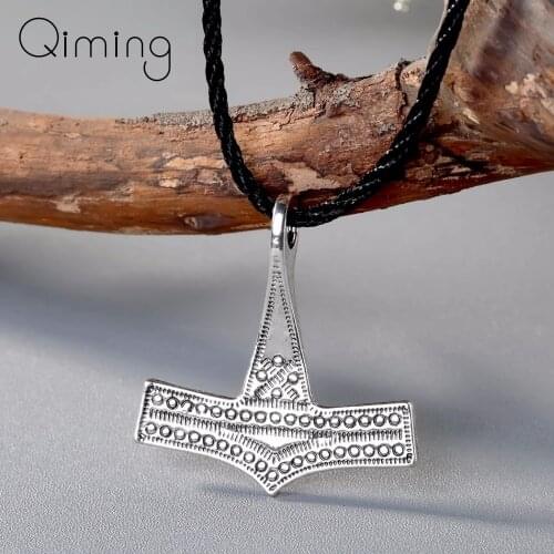 Fashion Vintage Men Necklace Jewelry Viking Norse Thors Hammer Mjolnir Leather Cord Necklace Protection Scandinavian Collier
