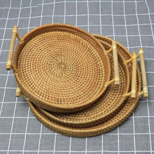 Hand Woven Wicker Rattan Basket Bread Fruit Snack Tray Round Storage Basket E2S