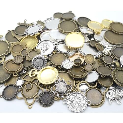 100g Mixed Charms Pendants Metal Round Oval Cabochon Base Cameo Base Antique Bronze Silver for Crafts Jewelry Making DIY