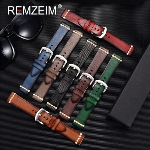REMZEIM 18mm 20mm 22mm 24mm Handmade Vintage Genuine Leather Watchband Strap Watch Band Wrist Bracelets With Solid Buckle
