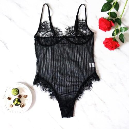Sexy Womens Hollow Lace Lingerie Bodysuit Strappy Plunge V Neck Bodycon Leotard Lace Sling Sleepwear Bodysuit Plus size M-3XL