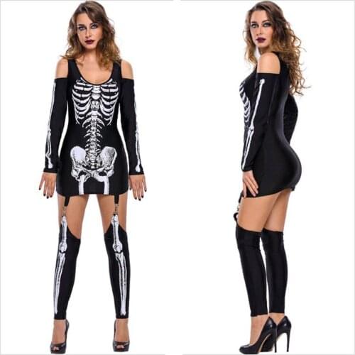 Halloween Scary Skeleton Bone Costume Adult Women Demon Zombie Cosplay Outfit Sexy Garter Mini Dress For Lady Girl Plus Size