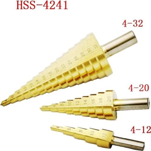 3Pcs Metric Spiral Flute The Pagoda Shape Hole Cutter 4-12/20/32mm HSS Steel Cone Drill Bit Set HSS Steel Step Sharpening