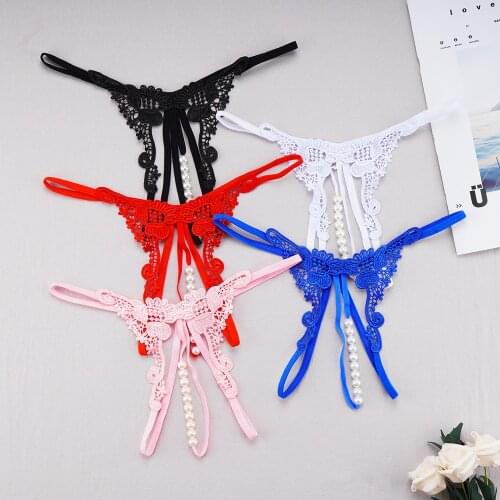 Women Briefs Sexy fashion embroidered underwear transparent temptation hollow pearl open thong low waist t pants