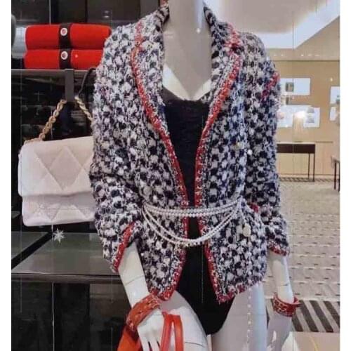 2021 Jacket Women Spring Womens Blue White Knitted Jacket Red Border Turn Down Collar Plaid Knitted Coat Lady Tops