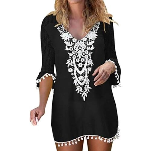 Womens Swimsuit Beach Dress Sexy Bikini Smock Boho Tunics Pareo Tassel Lace Crochet Swimwear Beach Cover Up Women Beach Sarong
