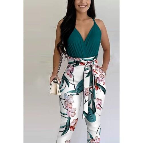 Summer Solid color Ruched Women Top + Floral Print Pants Set With Belt 2021 Femme Casual Outfits Women 2 Pieces Overalls