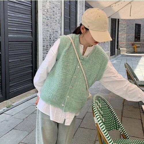 Knitted Vest Green 2021 Autumn New Women Sweater Sleeveless Korean Fashion Cardigan Designer Knitted Garment Loose Casual Solid